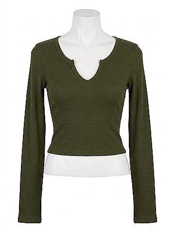 Bobi Split V-Neck Long Sleeve Crop Tee in Hunter (view 1)