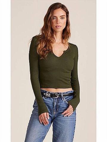 Bobi Split V-Neck Long Sleeve Crop Tee in Hunter (view 2)