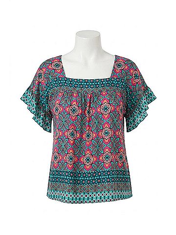 Tribal Peggy Printed Square Neck Blouse in Atlantic (view 1)
