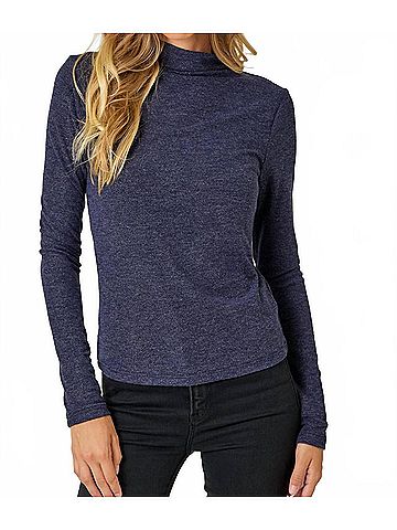 Mystree Knit Mock Neck Long Sleeve Top in Midnight Blue (view 2)