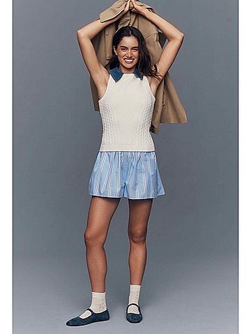 Central Park West Serena Mixed Stitch Denim Collar Shell Sweater Tank in White (view 2)