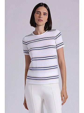 Minnie Rose Short Sleeve Striped Tee in White Combo (view 2)