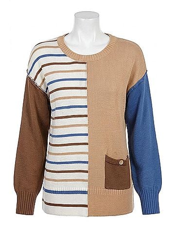MULTIPLES Crewneck Striped Knit Sweater Top in Multi (view 1)