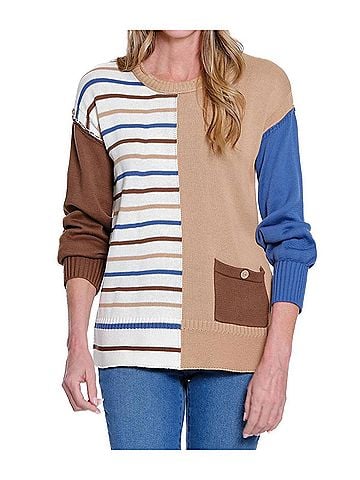 MULTIPLES Crewneck Striped Knit Sweater Top in Multi (view 2)