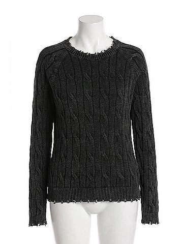 Minnie Rose Cotton Stone Wash Distressed Cable Crew Top in Black (view 1)