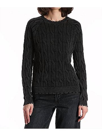 Minnie Rose Cotton Stone Wash Distressed Cable Crew Top in Black (view 2)