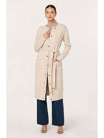 Astr Meris Belted Longline Cardigan in Cream (view 2)