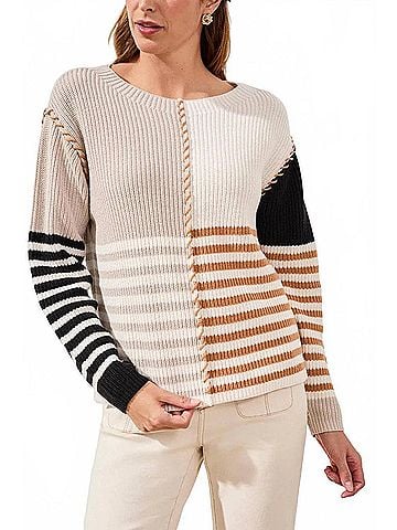 Tribal Multi Stripe Textured Boat Neck Sweater in Quartz (view 2)