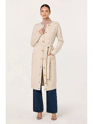 Astr Meris Belted Longline Cardigan in Cream (view 2)