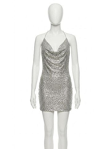 Susana Monaco Sequince Cowl Neck Mini Dress in Silver (view 1)