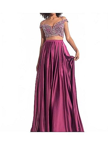 Rachel Allan Beaded Charmeuse Two-Piece Gown in Deep Magenta (view 2)
