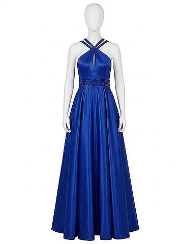 Rachel Allan Matte Satin Halter Neck Prom Gown in Royal (view 1)