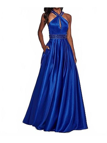 Rachel Allan Matte Satin Halter Neck Prom Gown in Royal (view 2)