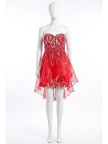 Rachel Allan Strapless Mini Length Gown in Red/Nude (view 1)