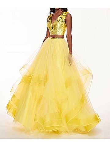 Rachel Allan Two-Piece Embellished Tulle Gown in Yellow (view 2)