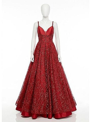 Rachel Allan V-Neck Satin Prom Gown With Glitter Tulle in Red (view 1)