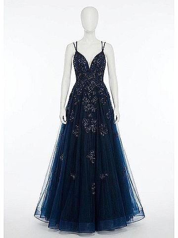 Rachel Allan Beaded Lace Strappy Tulle Prom Gown in Navy (view 1)