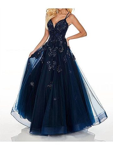 Rachel Allan Beaded Lace Strappy Tulle Prom Gown in Navy (view 2)