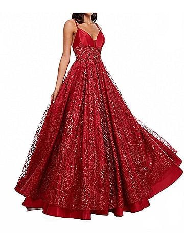 Rachel Allan V-Neck Satin Prom Gown With Glitter Tulle in Red (view 2)