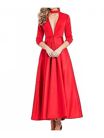Rachel Allan Deep V-Neck Choker Knee Length Formal Dress in Red (view 2)