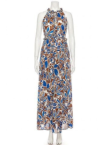 Maggy London Floral Halter Keyhole Maxi Dress in White Royal Blue (view 1)
