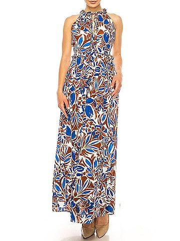 Maggy London Floral Halter Keyhole Maxi Dress in White Royal Blue (view 2)