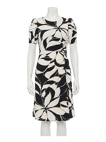 London Times Printed Round-Neck Ruched A-Line Dress in Black/White (view 1)