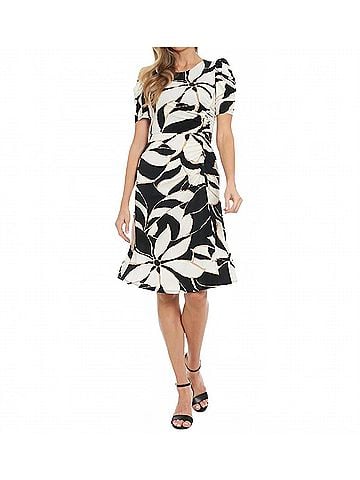 London Times Printed Round-Neck Ruched A-Line Dress in Black/White (view 2)