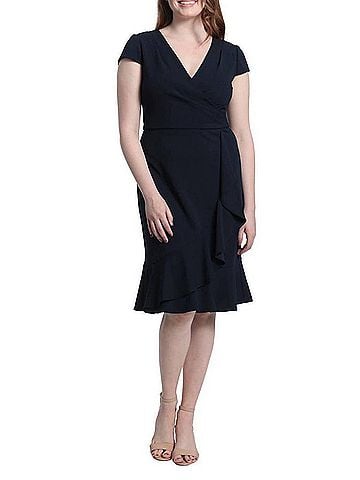 London Times Ruffled Draped Skirt Sheath Dress in Twilight Navy (view 2)