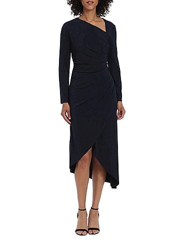Maggy London Asymmetrical Neckline Midi Dress in Midnight Blue (view 2)