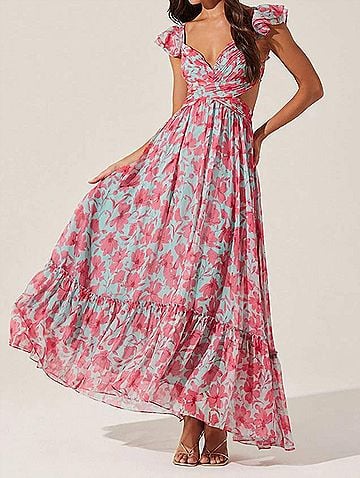 Astr Primrose Strappy Back Maxi Dress in Pink Aqua Floral (view 2)