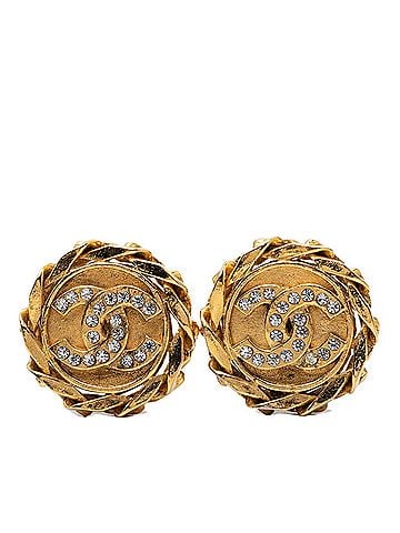 Chanel Chanel Coco Mark Chain Motif Round Earrings, Size 23, Gold Rhinestone Plated, GP, Women's. (view 1)