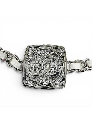 Chanel CHANEL (Chanel) 2025 Model B25C Coco Mark Rhinestone Leather Necklace Choker Silver White Made in Italy Women's (view 1)
