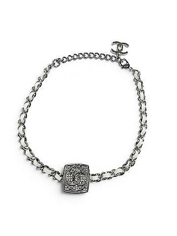 Chanel CHANEL (Chanel) 2025 Model B25C Coco Mark Rhinestone Leather Necklace Choker Silver White Made in Italy Women's (view 2)