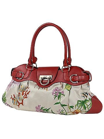 Salvatore Ferragamo Salvatore Ferragamo Gancini Shoulder Bag, Fish and Flower Pattern, Canvas, Red White, Women's (view 1)