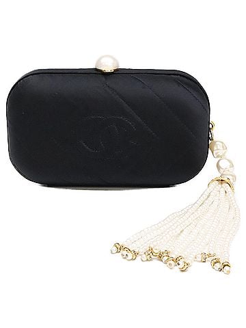 Chanel CHANEL Vintage Satin Clutch Bag with Pearl Crystal Tassel, Black Gold Hardware, Women's. (view 1)