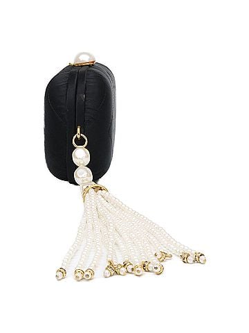 Chanel CHANEL Vintage Satin Clutch Bag with Pearl Crystal Tassel, Black Gold Hardware, Women's. (view 2)