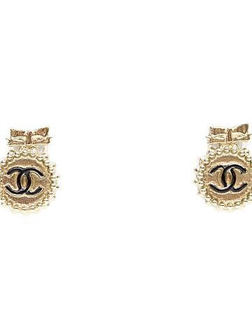 Chanel CHANEL B14C Gold Round Coco Mark Ribbon Earrings Black Women's (view 1)