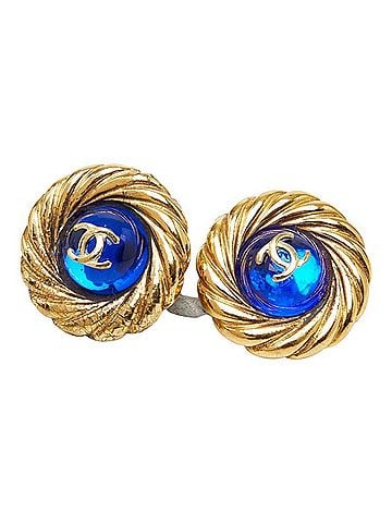 Chanel Chanel Coco Mark Gripoix Vintage Round Earrings Gold Blue Plated Glass Women's CHANEL (view 1)
