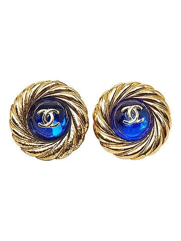 Chanel Chanel Coco Mark Gripoix Vintage Round Earrings Gold Blue Plated Glass Women's CHANEL (view 2)