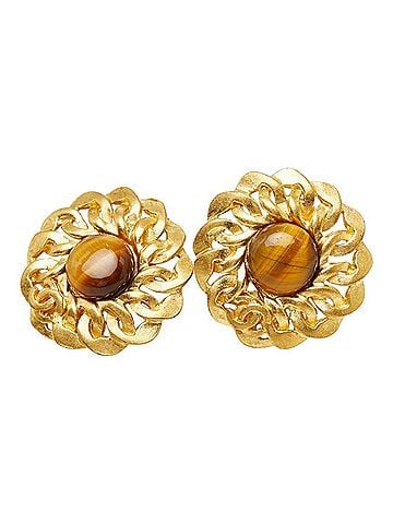 Chanel Chanel Coco Mark Vintage Round Earrings, 96P Stamp, Gold Brown Plated, Tiger Eye, Women's. (view 1)