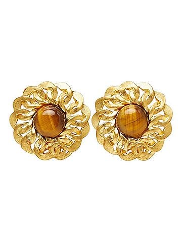 Chanel Chanel Coco Mark Vintage Round Earrings, 96P Stamp, Gold Brown Plated, Tiger Eye, Women's. (view 2)