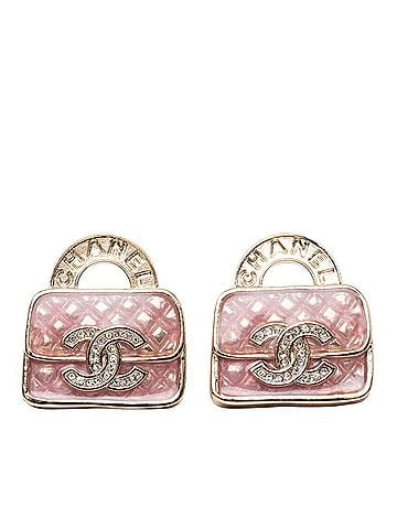 Chanel Chanel Coco Mark Handbag Motif Earrings, Gold and Pink Plated Rhinestones, Women's CHANEL (view 1)