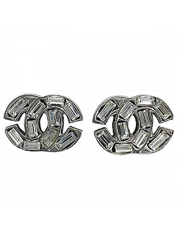 Chanel Chanel Earrings for Women, Coco Mark Design, Rhinestone, Silver, Approx. 7.0g, 2001 (view 1)