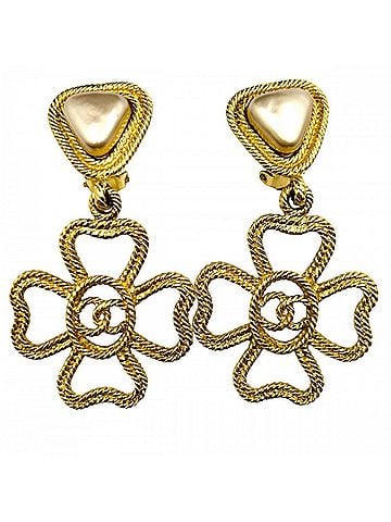 Chanel Chanel Earrings for Women, Coco Mark, Clover, Vintage Gold, CHANEL GP, Faux Pearl, Size 2-8, Approx. 24.5g, 1993 (view 1)