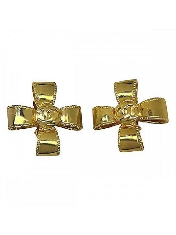 Chanel Chanel Earrings for Women, Coco Mark, Cross Motif, Ribbon, Vintage Accessory, CHANEL GP 97A Gold, Approx. 31.6g, 1997 (view 1)