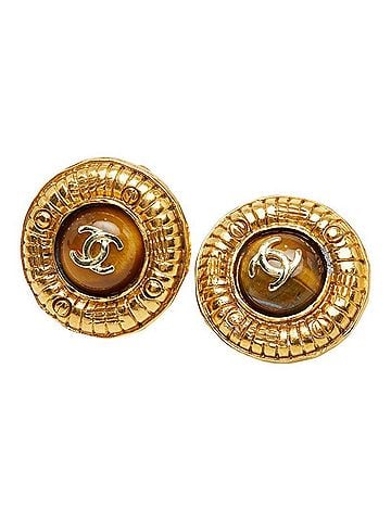 Chanel Chanel Coco Mark Vintage Round Earrings, Gold Brown Plated, Tiger Eye, Women's CHANEL (view 1)