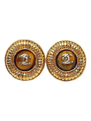 Chanel Chanel Coco Mark Vintage Round Earrings, Gold Brown Plated, Tiger Eye, Women's CHANEL (view 2)