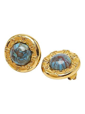 Chanel Chanel Coco Mark Vintage Round Earrings, Gold Blue Plated, Turquoise, Women's CHANEL (view 1)