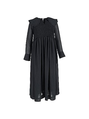 Ganni Ganni Smocked Bodice Midi Long Sleeve Dress in Black Polyester (view 1)